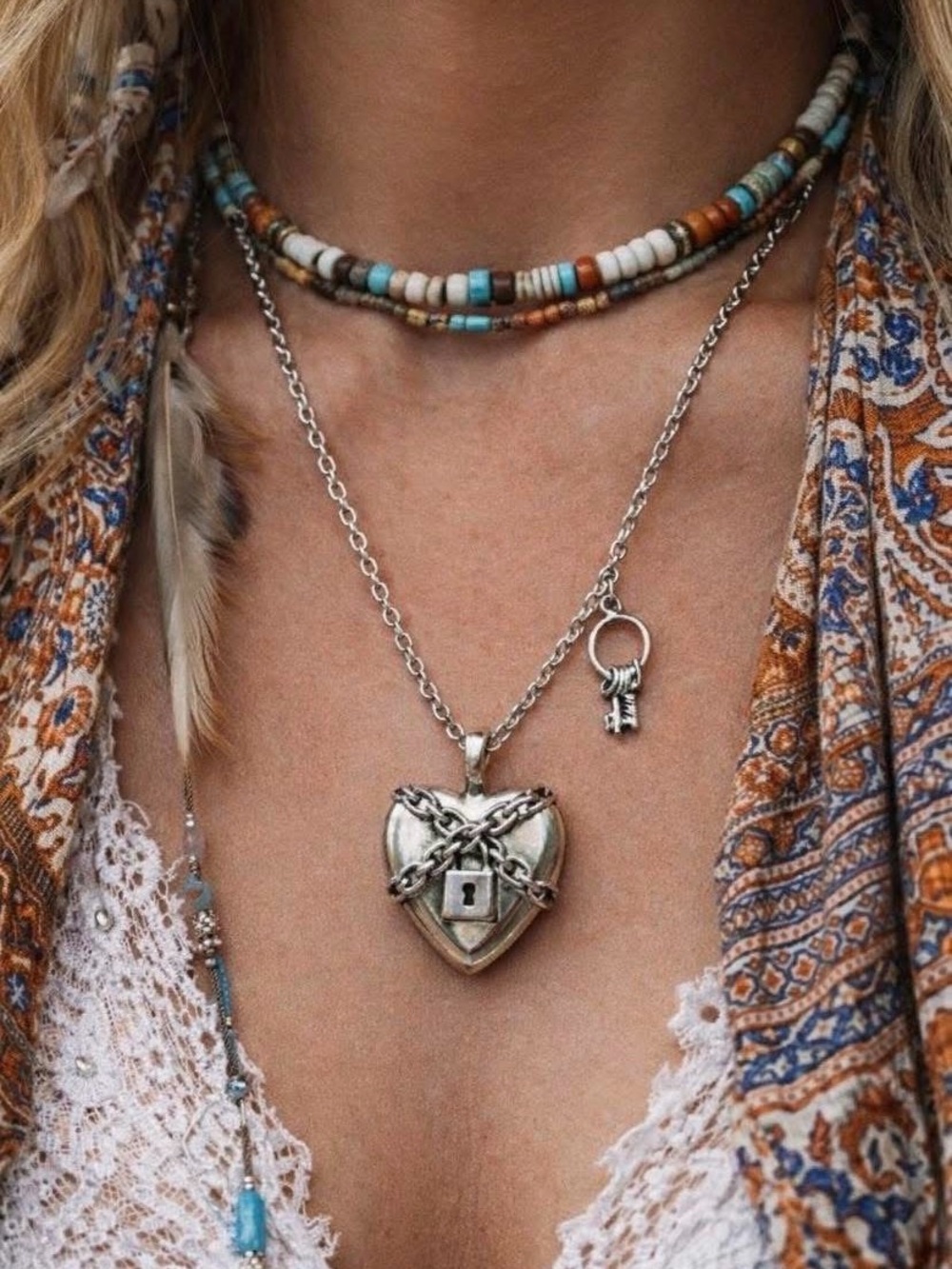 Hand Crafted Stainless Steel Heart Locket Necklace with Key Charm.